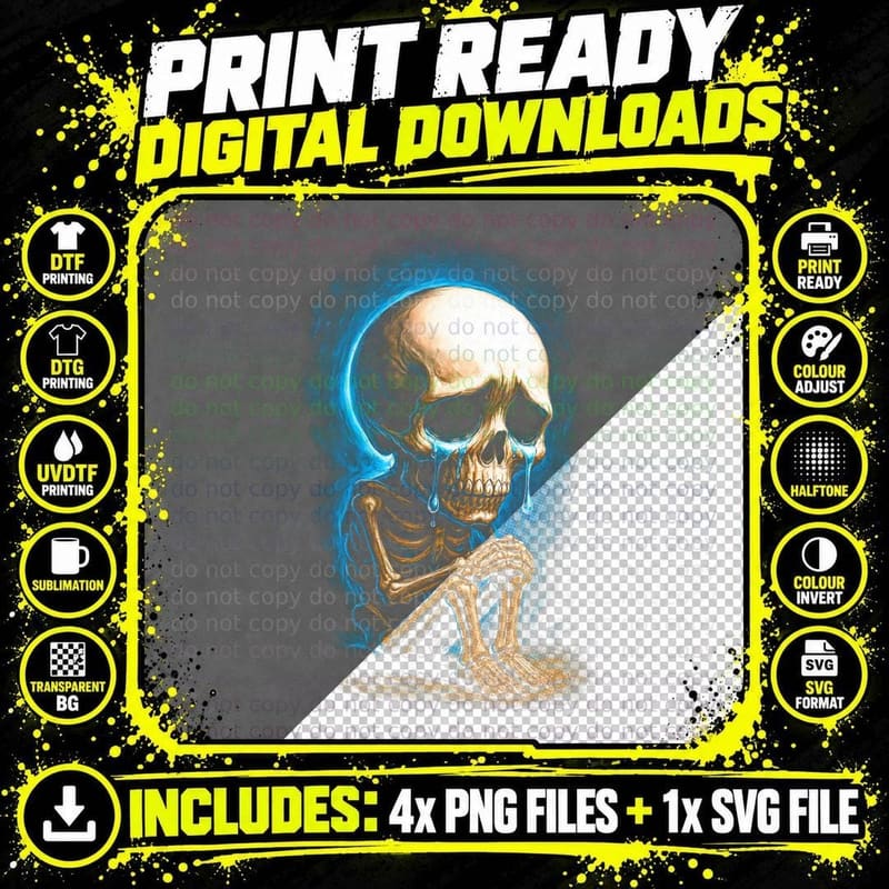 Sad Realistic Skeleton T-Shirt, Gothic Apparel Png SVG Digital Bundle