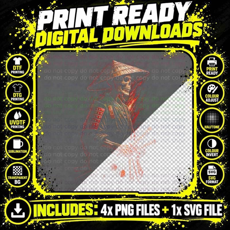 Samurai Skeleton T-Shirt, Gothic Apparel Png SVG Digital Bundle