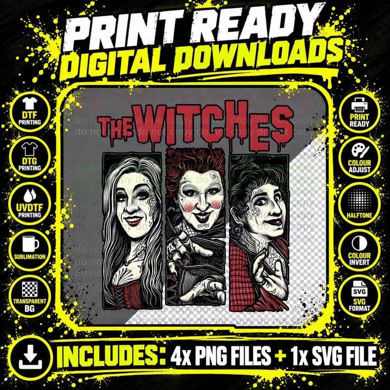 Sanderson Sisters Witches Tee, Hocus Pocus Triptych Png SVG Digital Bundle