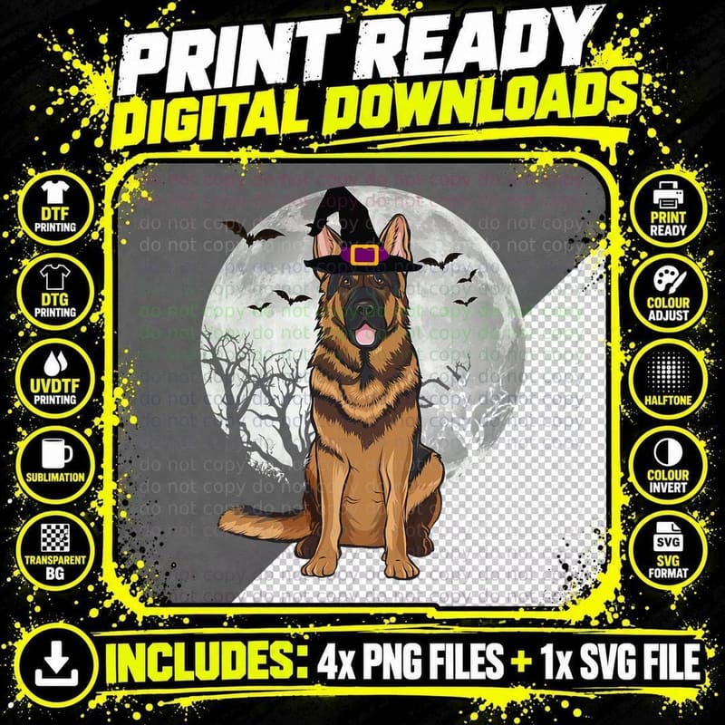 Scary German Shepherd Dog Witch Hat Halloween T-Shirt Png SVG Digital Bundle