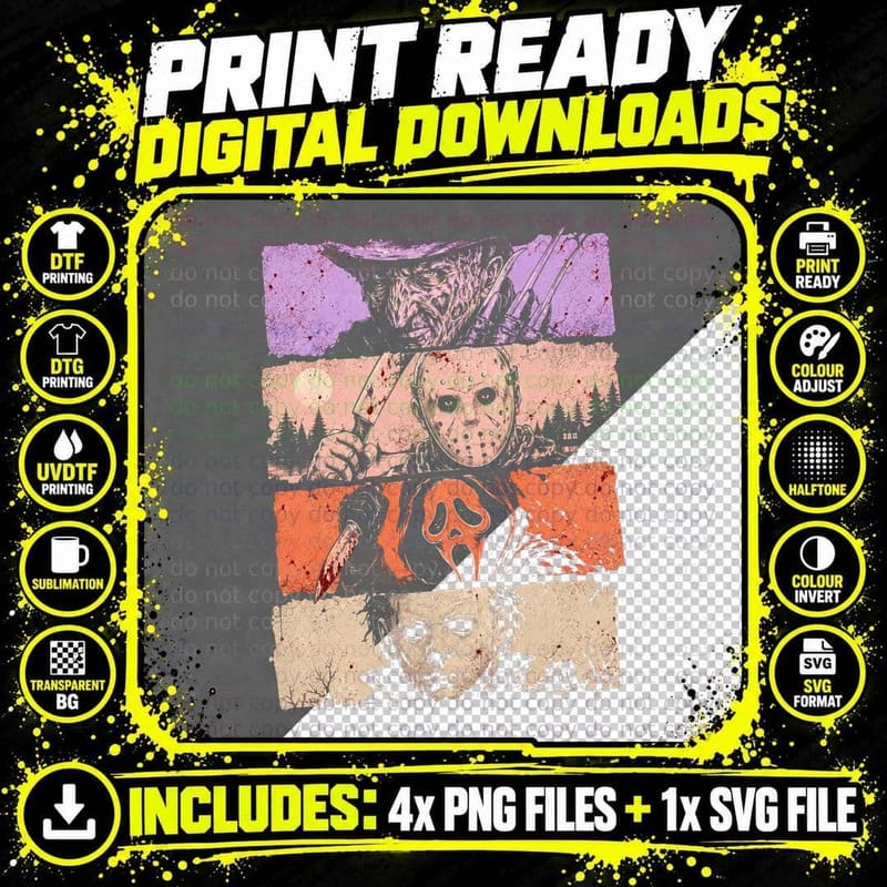 Scary Movie Villains Panel T-Shirt Retro Halloween Png SVG Digital Bundle