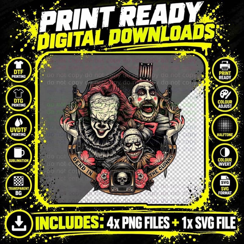 Send in the Clowns, Horror Clowns, Pennywise Png SVG Digital Bundle
