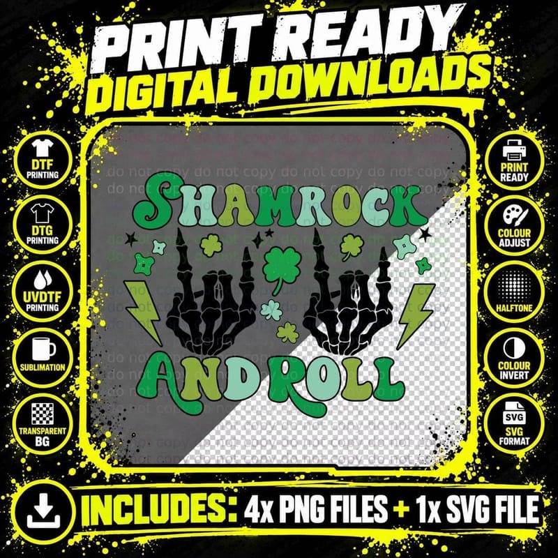 Shamrock and Roll T-Shirt, Skeleton Hands St Patrick's Png SVG Digital Bundle