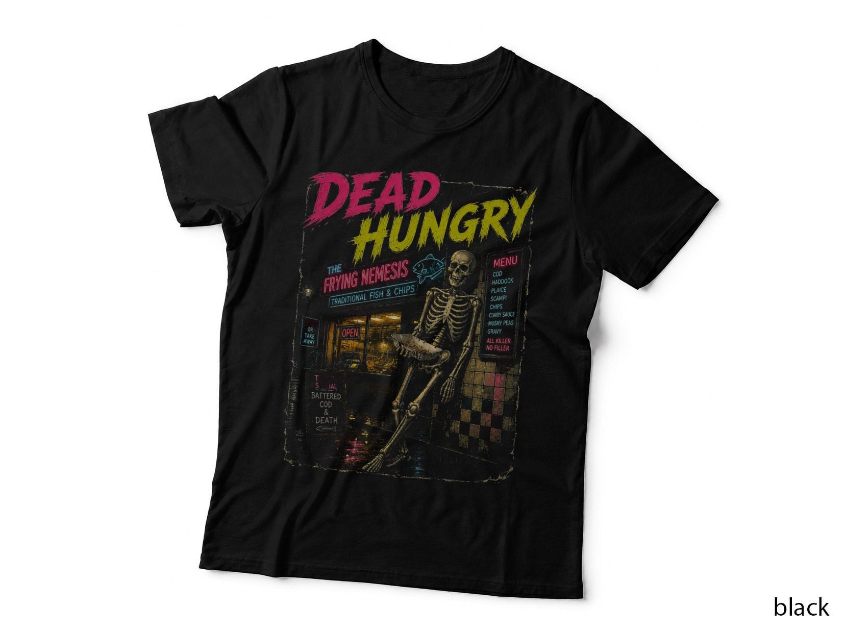 Skeleton Chip Shop Retro Horror Dead Hungry British Food Halftone T-Shirt