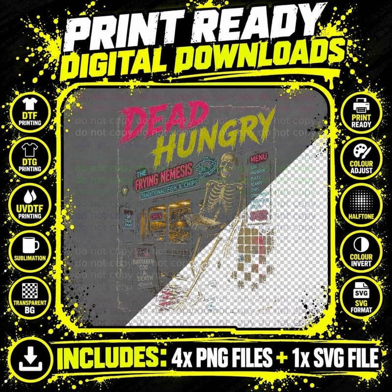 Skeleton Chip Shop Retro Horror Dead Hungry British Food Png SVG Digital Bundle