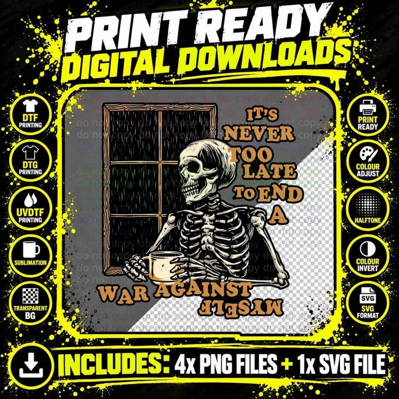Skeleton Drinking Coffee T-Shirt, Gothic Quotes Tee Png SVG Digital Bundle