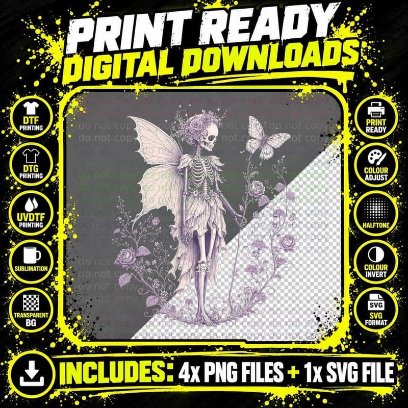 Skeleton Fairy Purple Roses T-Shirt Gothic Cottagecore Png SVG Digital Bundle