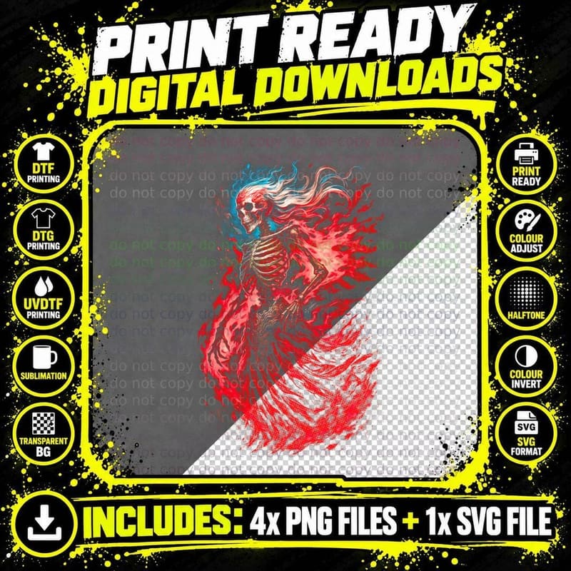 Skeleton Flamejante T-Shirt, Dramatic Skeleton Print Png SVG Digital Bundle