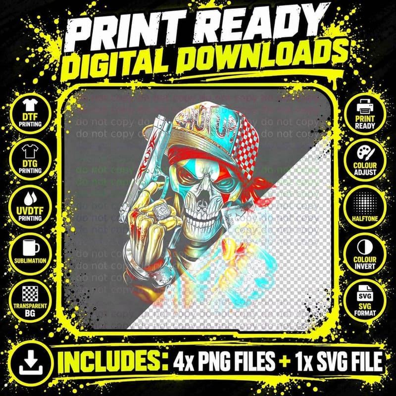 Skeleton Gangster T-Shirt, Retro Gangster Style Png SVG Digital Bundle