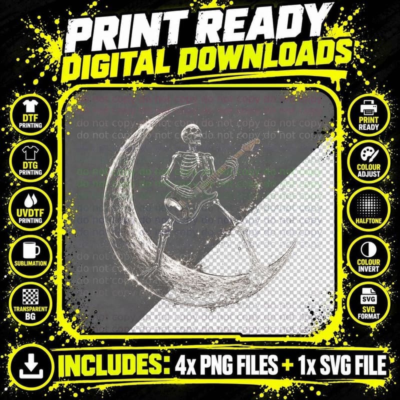 Skeleton Guitarist Crescent Moon T-Shirt Celestial Rock Png SVG Digital Bundle