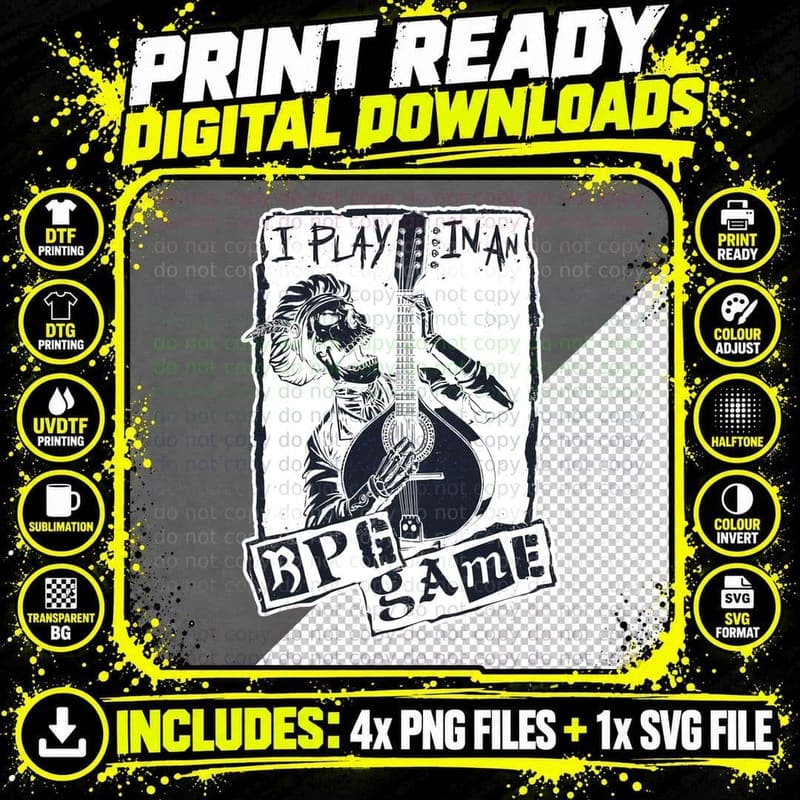 Skeleton Guitarist RPG T-Shirt, Gothic Horror Tee Png SVG Digital Bundle