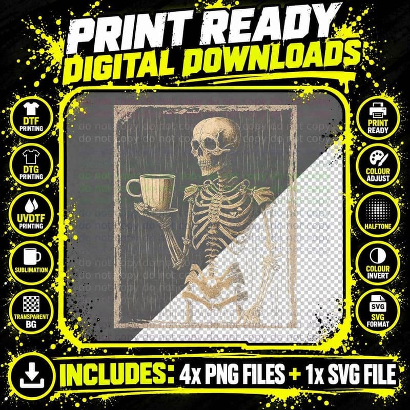 Skeleton Holding Coffee Cup T-Shirt Gothic Halloween Png SVG Digital Bundle