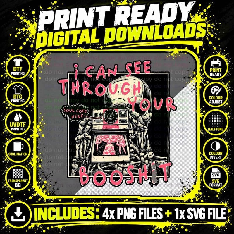 Skeleton Holding Polaroid Camera T-Shirt Png SVG Digital Bundle