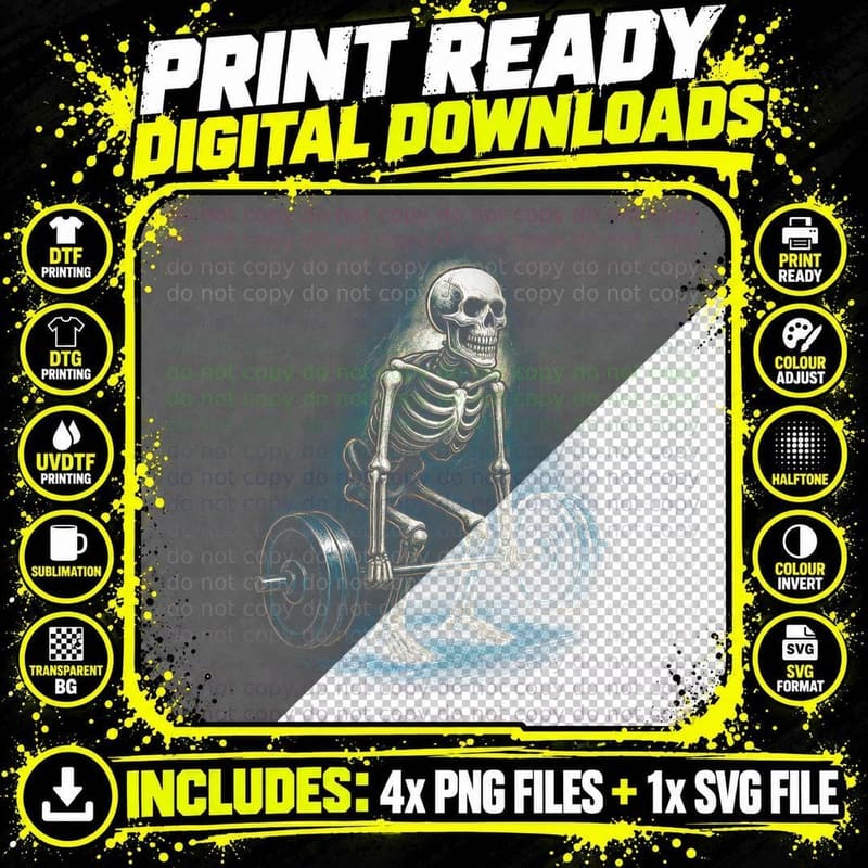 Skeleton Lifting Weights T-Shirt, Fitness Apparel Png SVG Digital Bundle