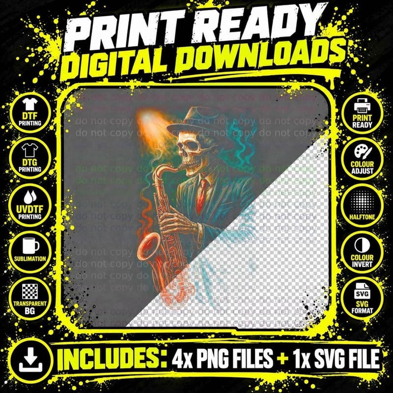 Skeleton Saxophone Player T-Shirt, Gothic Art Print Png SVG Digital Bundle
