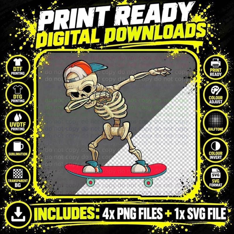 Skeleton Skateboard Dabbing Skate Skeleton T-Shirt Png SVG Digital Bundle