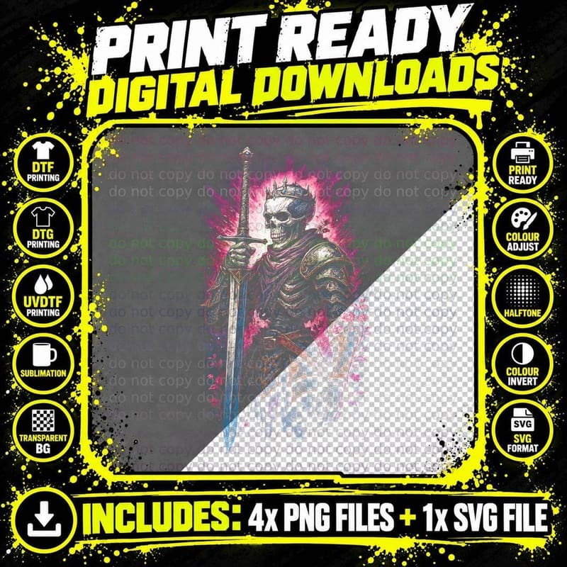 Skeleton Warrior T-Shirt, Gothic Apparel, Dark Art Print Png SVG Digital Bundle