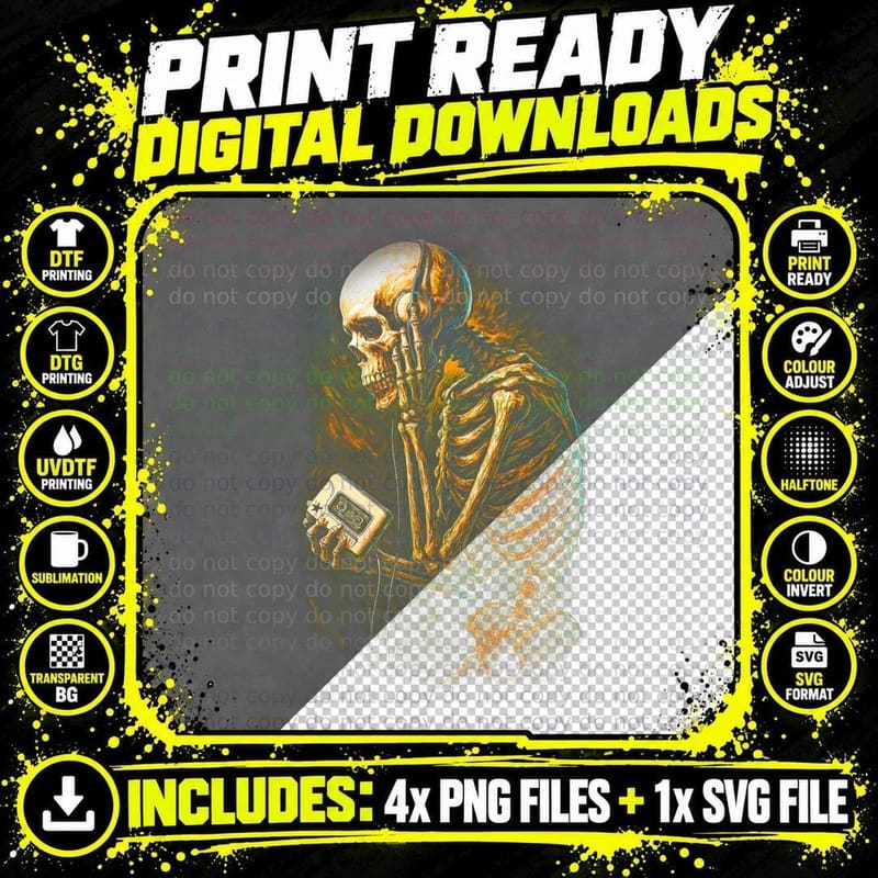 Skeleton with Walkman T-Shirt, Halloween Costume Png SVG Digital Bundle
