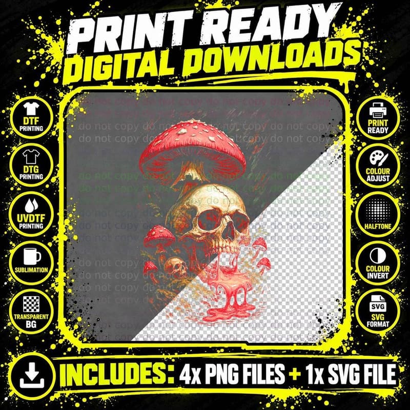 Skull & Mushroom T-Shirt, Halloween Costume Png SVG Digital Bundle