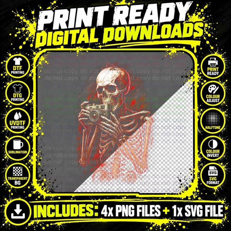 Skull Camera T-Shirt, Horror Photography Print Png SVG Digital Bundle