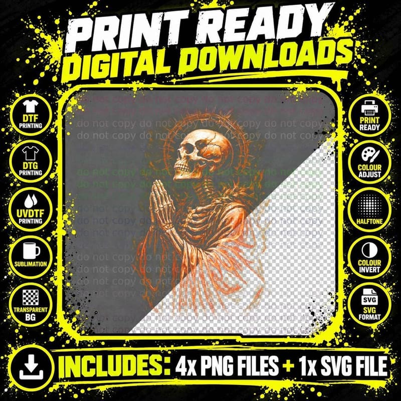 Skull Skeleton Praying T-Shirt, Gothic Apparel Png SVG Digital Bundle