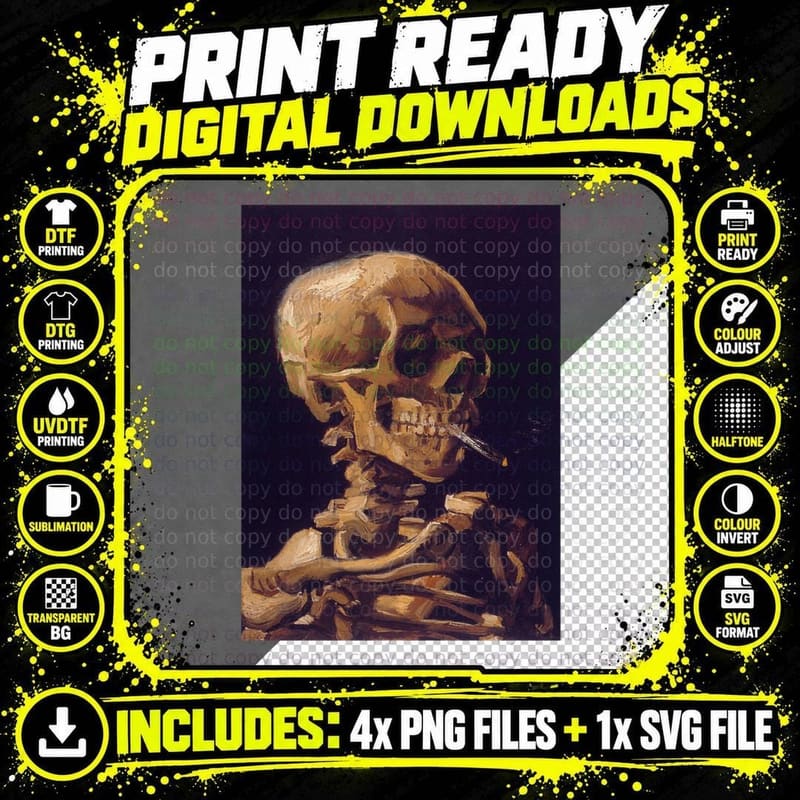 Skull with Burning Cigarette Tee, Van Gogh Painting Art Png SVG Digital Bundle