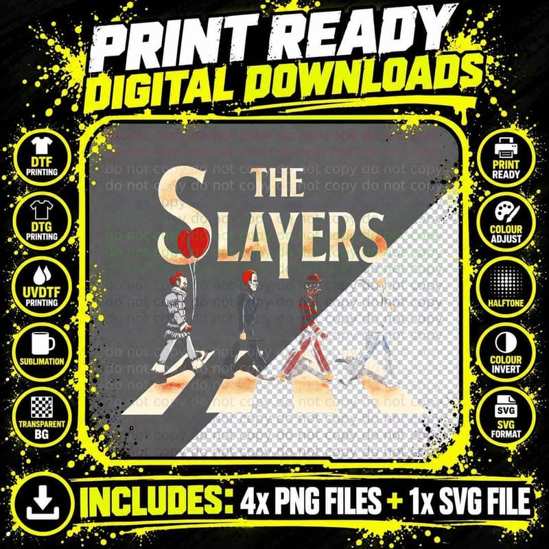 Slayers Abbey Road Tee, Pennywise Michael Freddy Jason Png SVG Digital Bundle