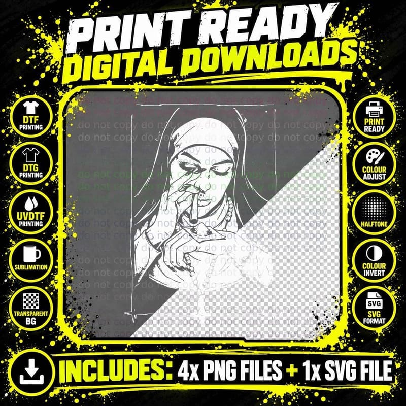 Smoking Nun Rosary Cross Drawing, Dark Gothic Horror Png SVG Digital Bundle