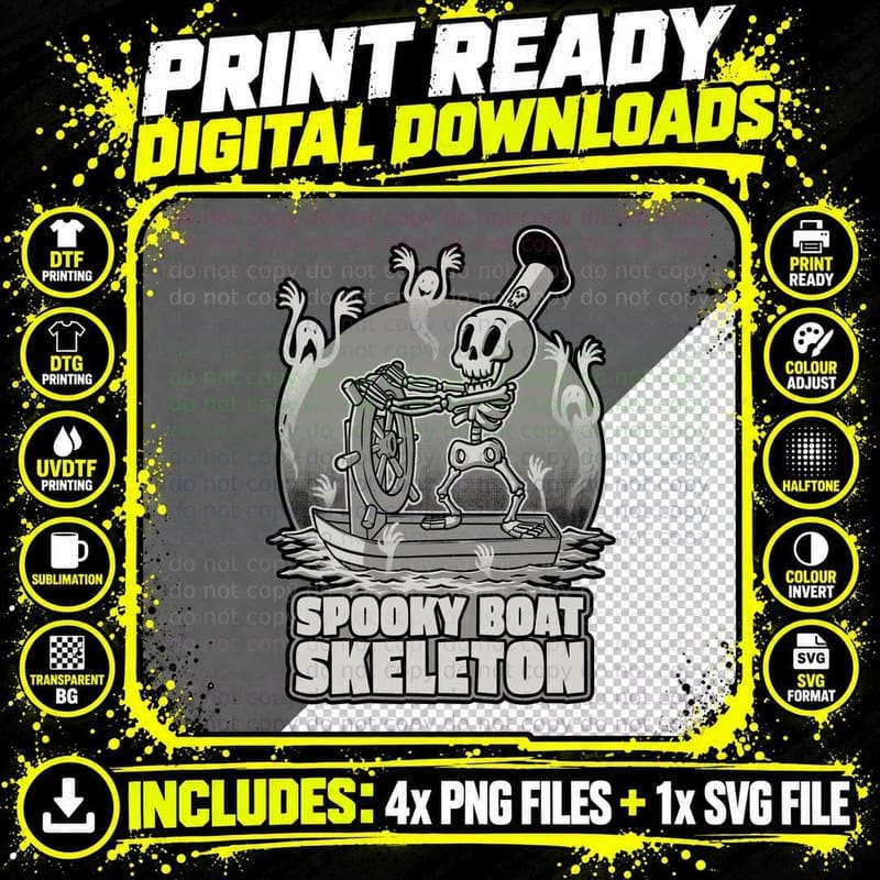 Spooky Boat Skeleton T-Shirt, Halloween Tee Png SVG Digital Bundle