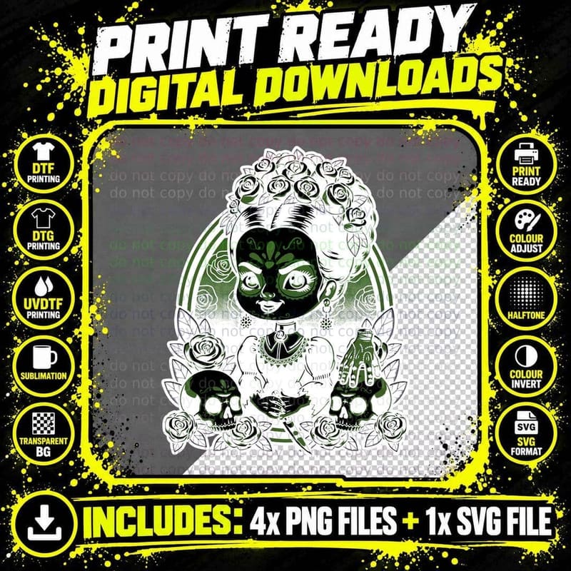 Spooky Creepy Muerte Girl T-Shirt, Gothic Sugar Skull Tee Png SVG Digital Bundle