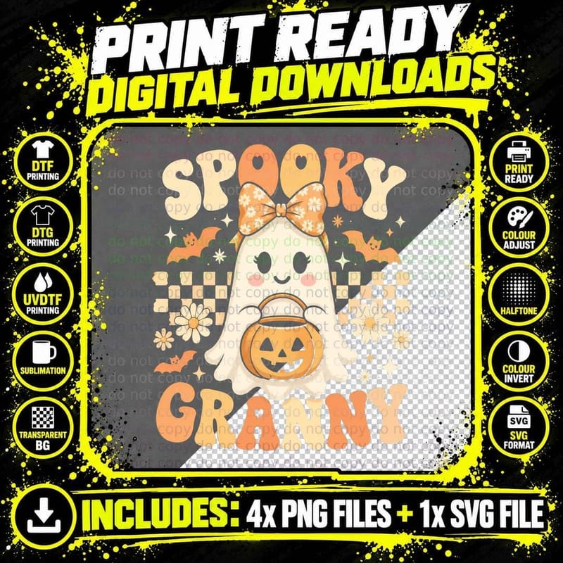 Spooky Granny T-Shirt Retro Ghost Grandma Halloween Png SVG Digital Bundle