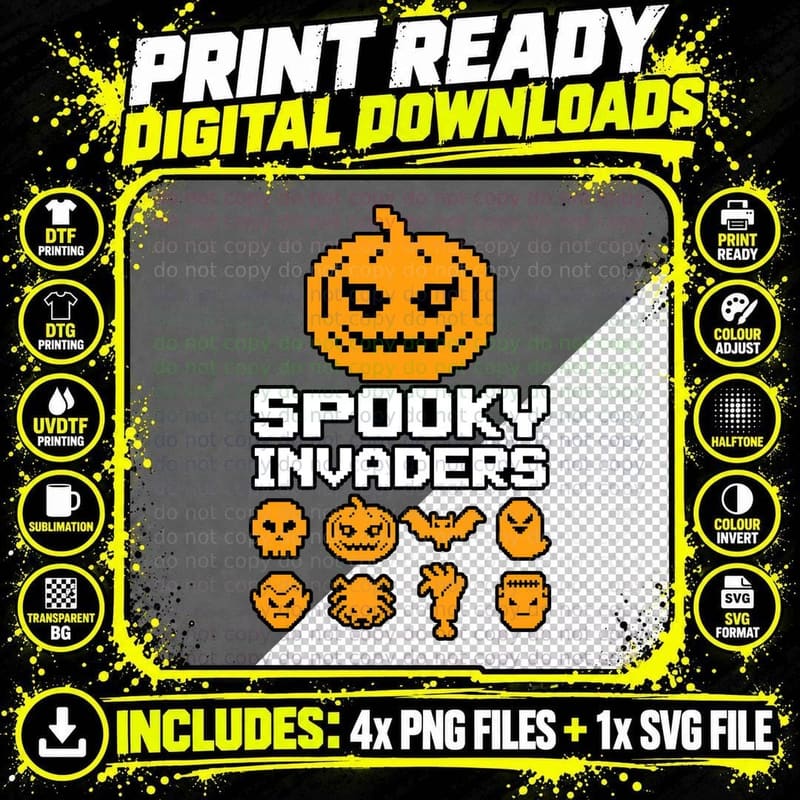 Spooky Invaders T-Shirt, Pixel Art Tee, Gift for Gamers Png SVG Digital Bundle