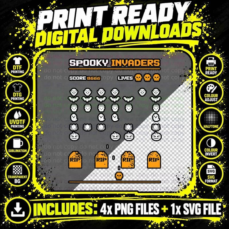 Spooky Invaders T-Shirt, Retro Horror Tee Png SVG Digital Bundle