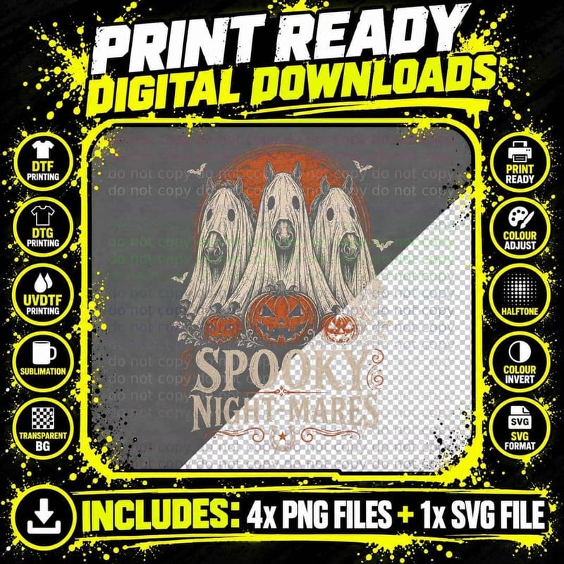 Spooky Night-Mares Ghost Horse T-Shirt Vintage Halloween Png SVG Digital Bundle