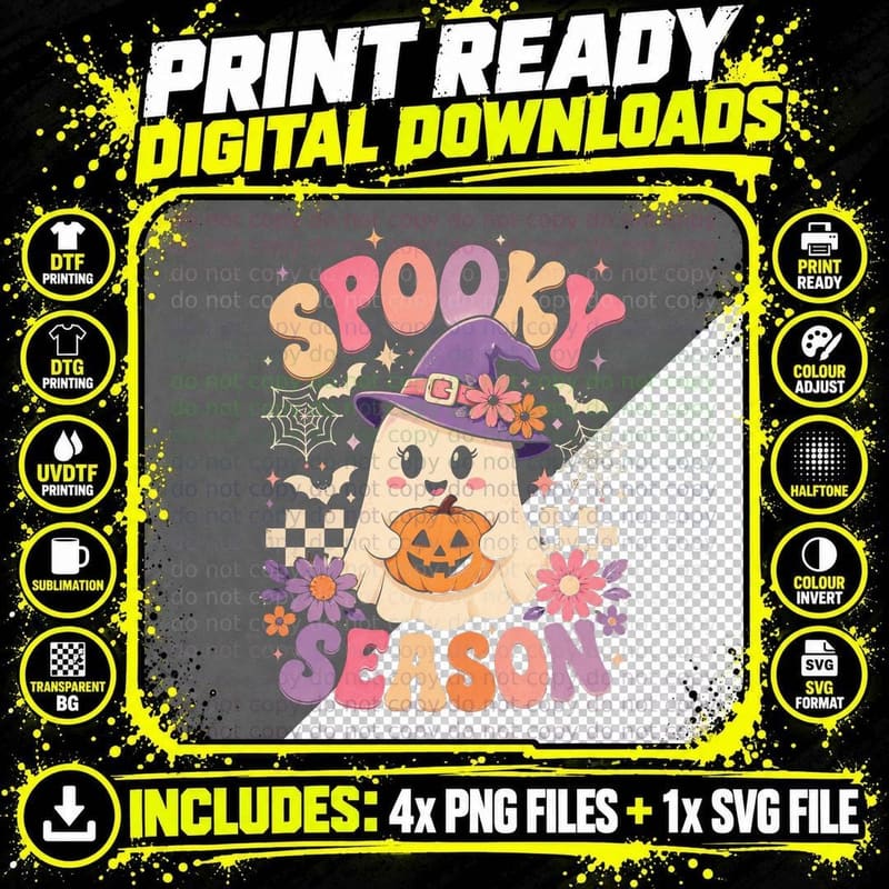Spooky Season Retro Ghost Witch Hat T-Shirt Groovy Png SVG Digital Bundle