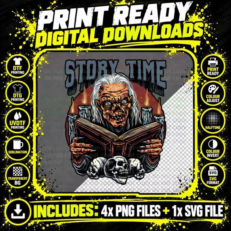 Story Time Crypt Keeper Tee, Spooky Horror Skulls Png SVG Digital Bundle