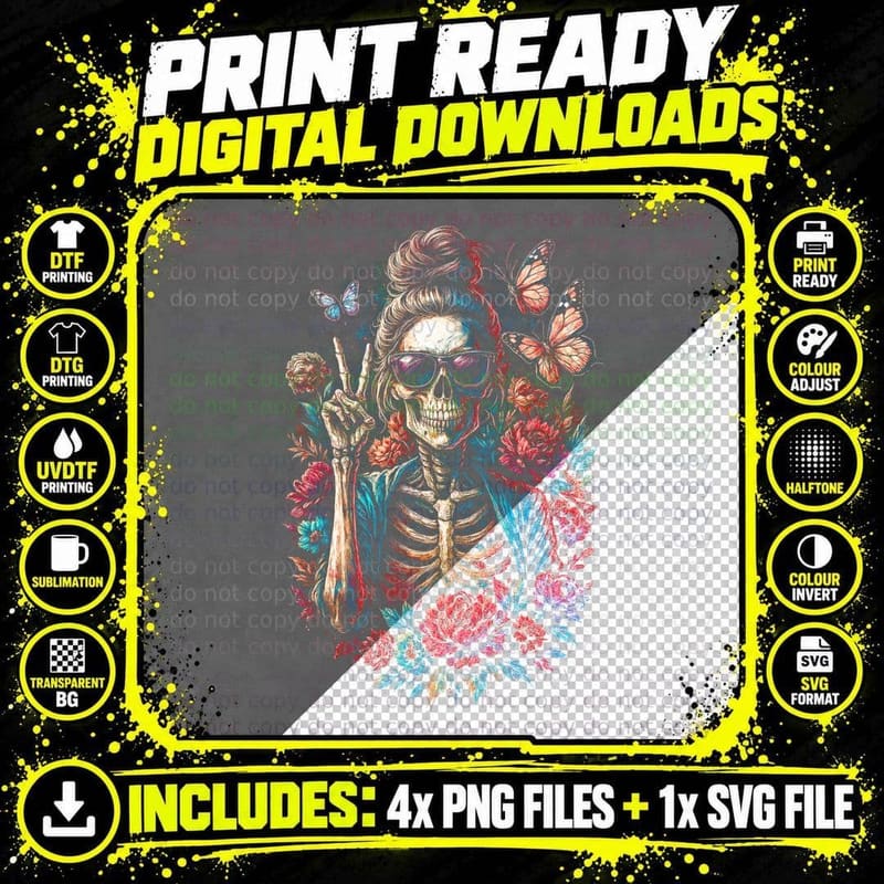 Sugar Skull with Flowers T-Shirt, Gothic Apparel Png SVG Digital Bundle