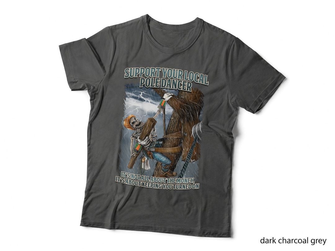 Support Your Local Lineman Tee, Skeleton Pole Climber, Stormy Art