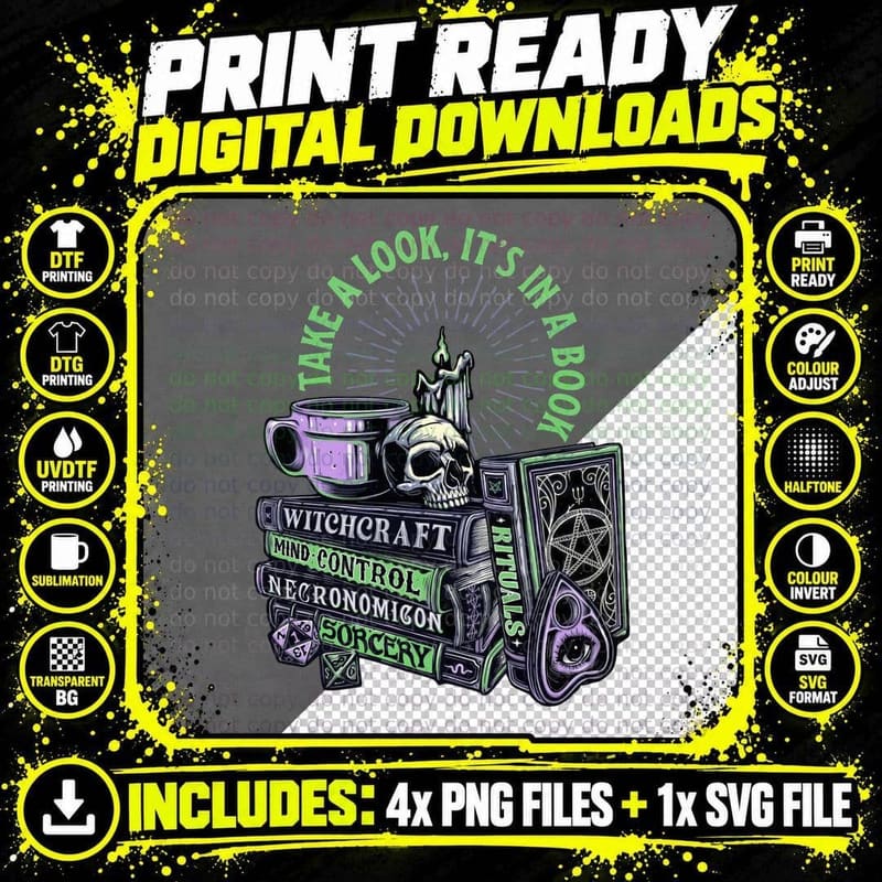 Take a Look It's in a Book, Horror Book, Skull Png SVG Digital Bundle