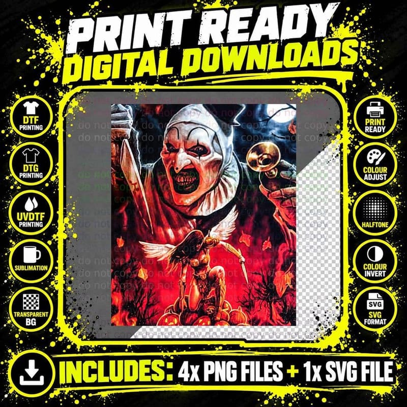 Terrifier 2 Art the Clown, Cymbal Monkey and Halloween Png SVG Digital Bundle
