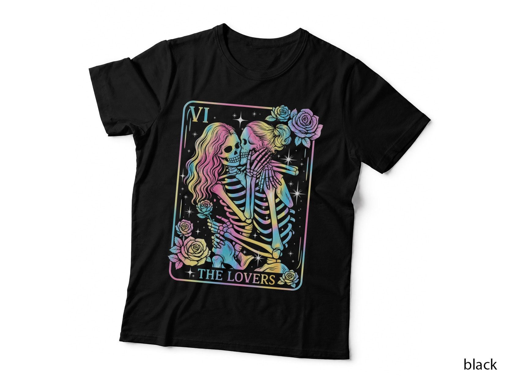 The Lovers Tarot Holographic T-Shirt Gothic Witchy Skeleton Romance Gift Tee