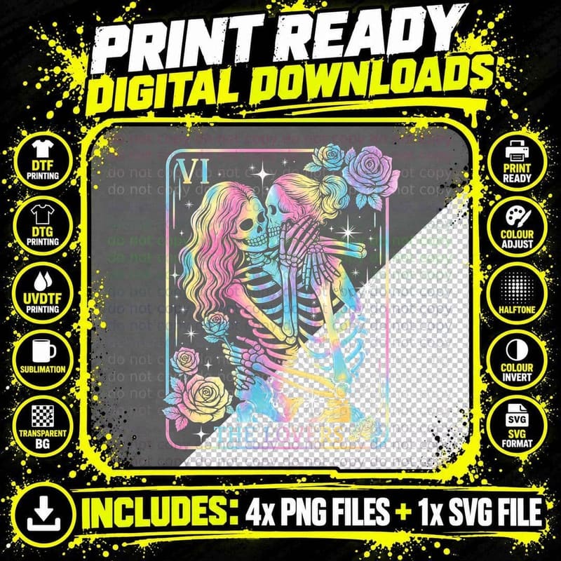 The Lovers Tarot Holographic T-Shirt Gothic Witchy Png SVG Digital Bundle