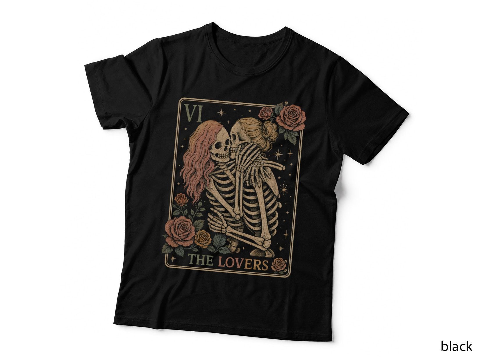 The Lovers Tarot Skeleton Couple T-Shirt Gothic Witchy Romance Goth Gift Tee