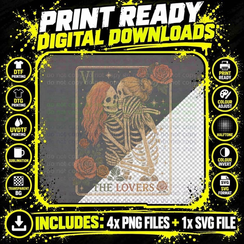 The Lovers Tarot Skeleton Couple T-Shirt Gothic Witchy Png SVG Digital Bundle