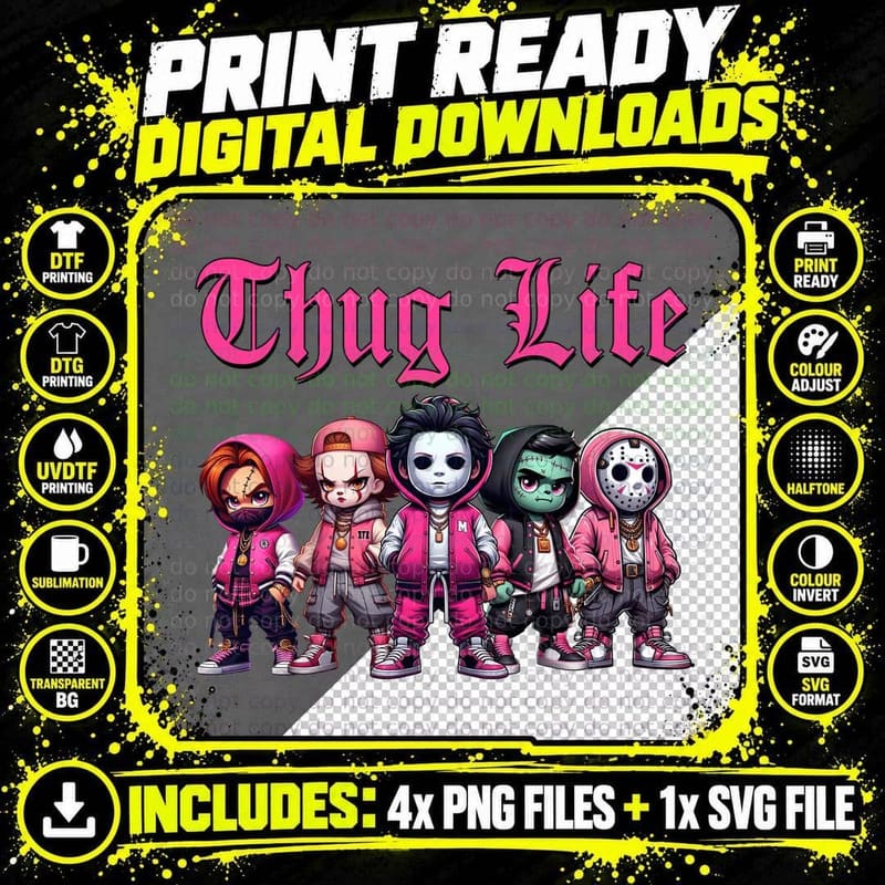 Thug Life Chibi Slasher Crew, Pink Pastel Streetwear Png SVG Digital Bundle