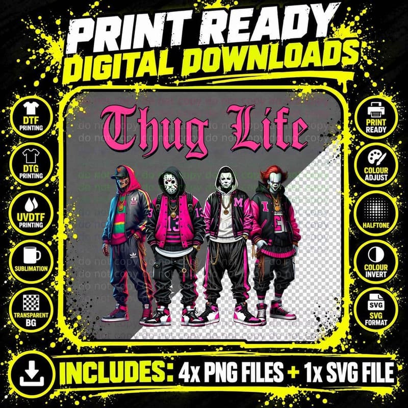 Thug Life Horror Slashers Tee, Jason Michael Pennywise Png SVG Digital Bundle