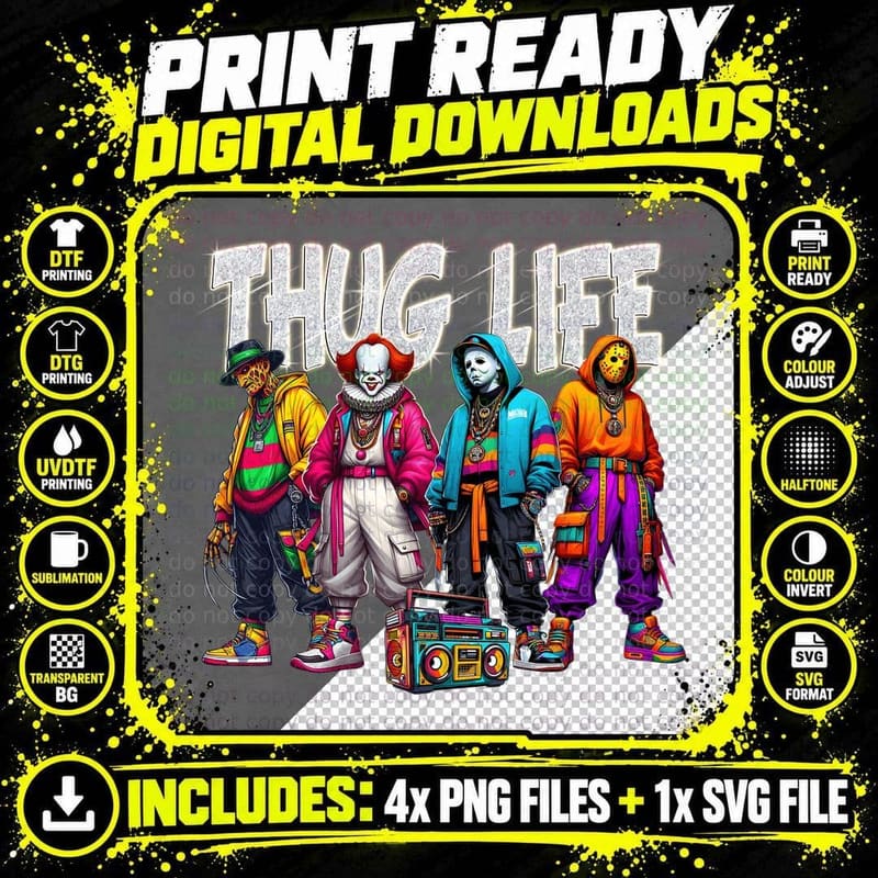 Thug Life Pennywise Slashers Tee, Boombox Horror Crew Png SVG Digital Bundle