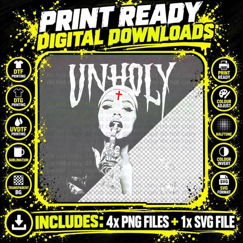 Unholy Nun Tattoo Tee, Satanic Cross Forehead Art Png SVG Digital Bundle