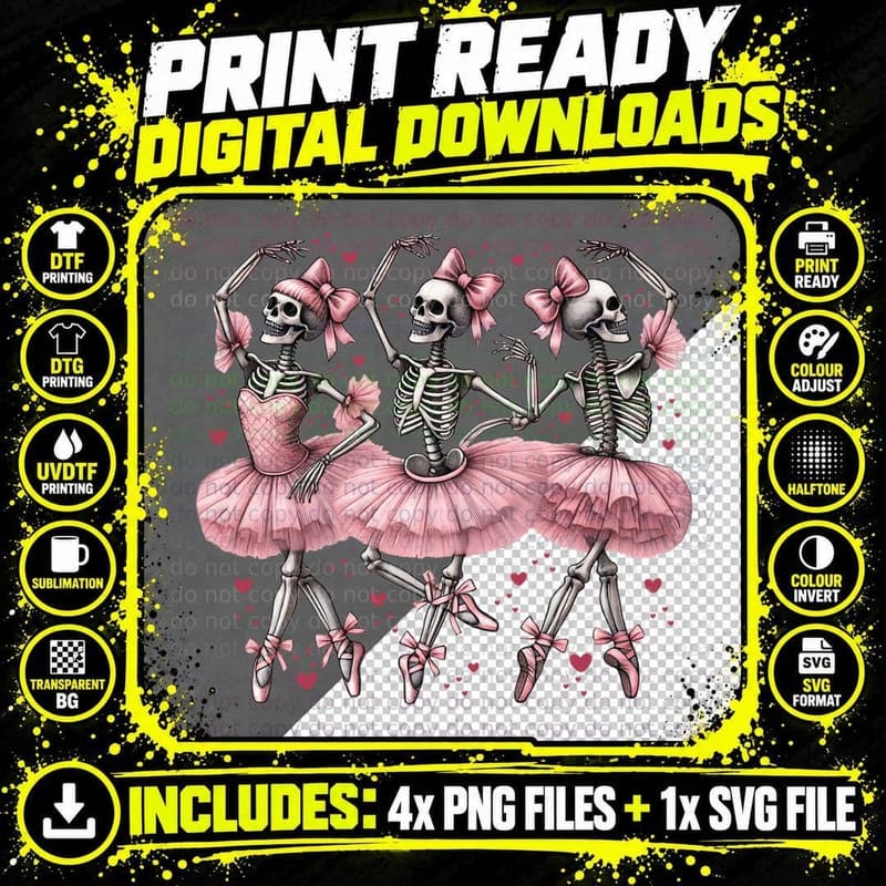 Valentine's Day Skeleton Ballerina T-Shirt, Pink Tutu Png SVG Digital Bundle