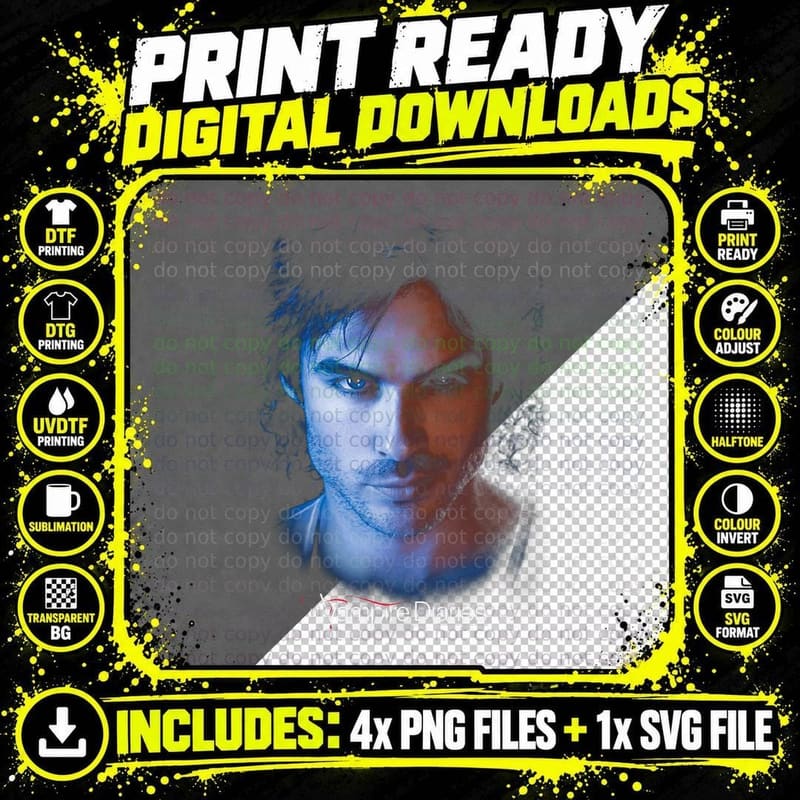 Vampire Diaries Damon Tee, Brooding Vampire Portrait Png SVG Digital Bundle